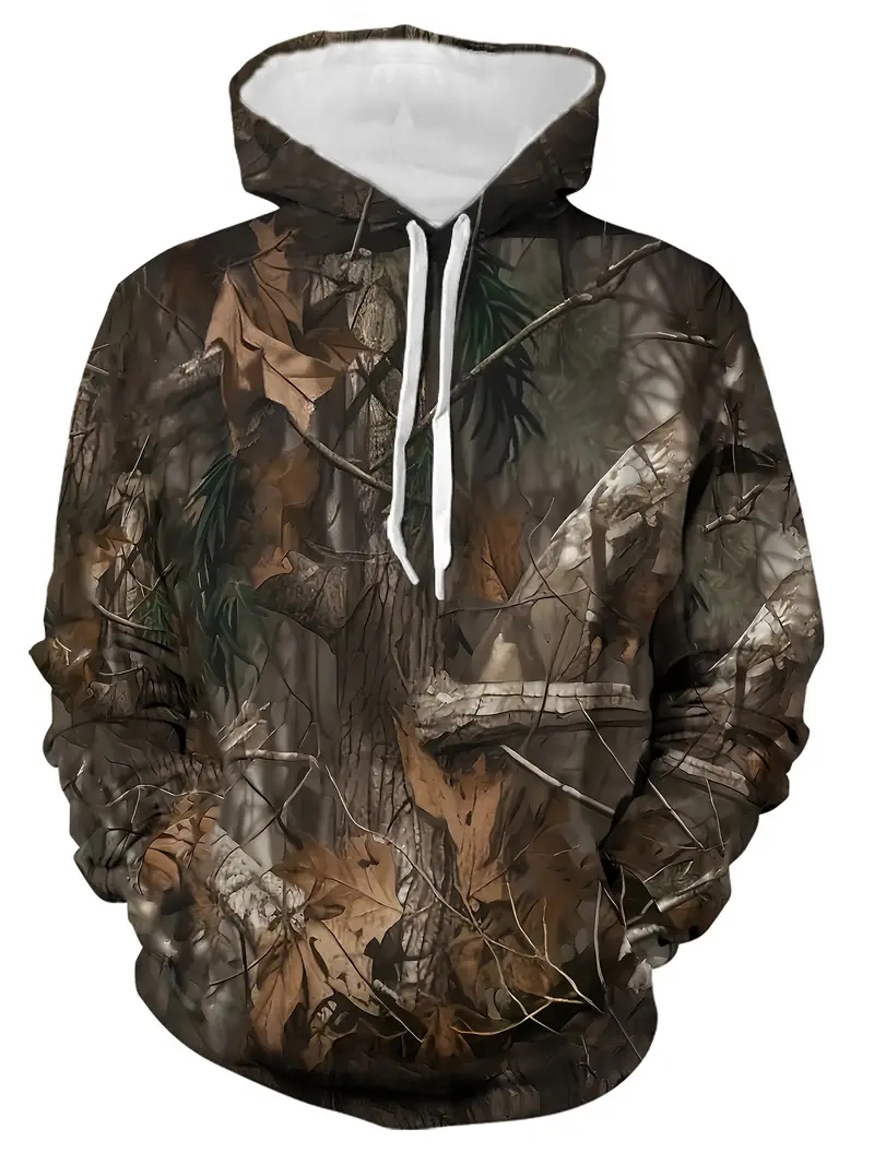 Outdoor Hunting Hoodie - เสื้อฮู้ดลายพรางต้นไม้ 3D ลายใบไม้ป่า เสื้อสเวตเตอร์มีฮู้ดสำหรับล่าสัตว์ กิจกรรมกลางแจ้ง สไตล์ลำลอง