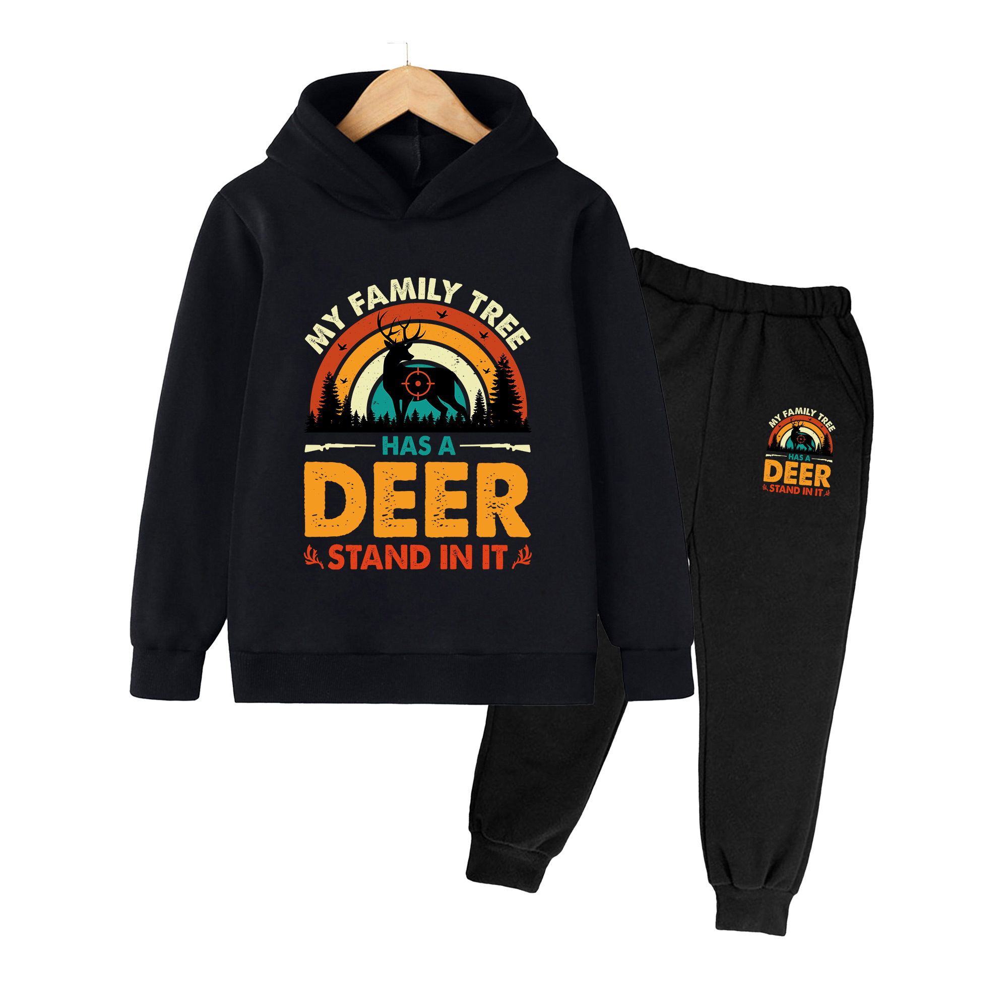Outdoor Hunting Hoodie - ชุดเสื้อฮู้ดและกางเกงวอร์มสำหรับเด็ก, ชุดลายพิมพ์ล่าสัตว์สไตล์เรโทรสำหรับเด็กชายและเด็กหญิง, ชุดลำลองสำหรับกิจกรรมกลางแจ้ง