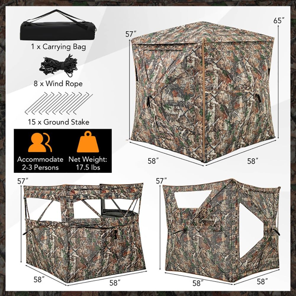 Outdoor Hunting Blinds - เต็นท์ล่าสัตว์แบบถอดประกอบได้ 5-in-1 สำหรับ 2-3 คน พร้อมช่องแสงบนหลังคา