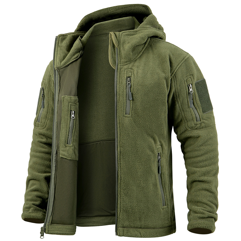 Outdoor Hunting Hoodie - เสื้อแจ็คเก็ตผ้าฟลีซผู้ชายแบบยุทธวิธี สำหรับฤดูหนาว อุ่นสบาย ซิปเต็มตัว สไตล์ทหาร มีหลายกระเป๋า