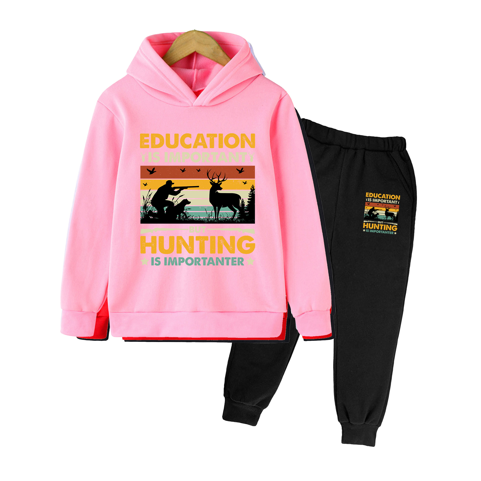Outdoor Hunting Hoodie - ชุดเสื้อฮู้ดและกางเกงวอร์มสำหรับเด็ก, ลายพิมพ์ล่าสัตว์สไตล์วินเทจ ชุดลำลองสำหรับเด็กชายและเด็กหญิง เหมาะสำหรับกีฬากลางแจ้ง